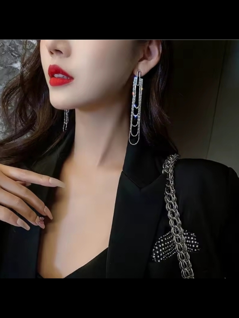 Silver Multi-Strand Crystal Drop Earrings with Colored Accents - Picture 2 of 3